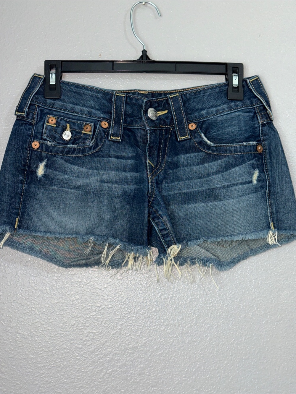 True Religion KEIRA Dark Blue Frayed Denim Shorts